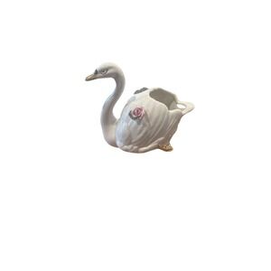Dresden Porcelain Swan Trinket Dish,  White With Pink Roses
